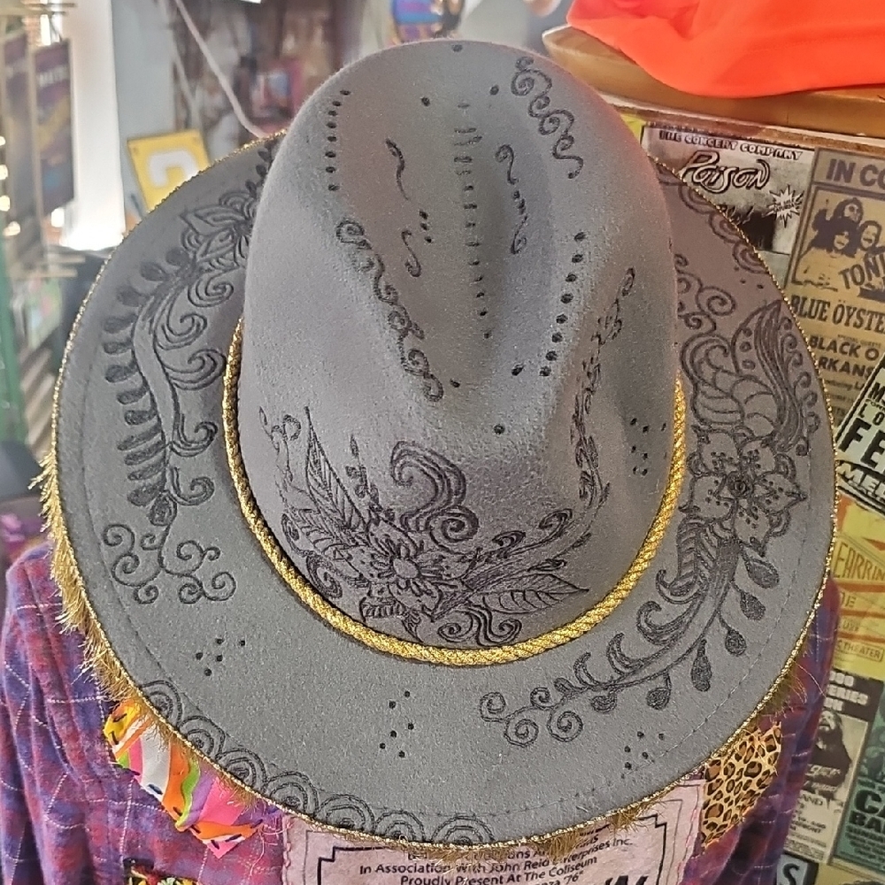 Handburned Floral Gray Embroidered Western Hat with Gold Trim ONE OF A KIND